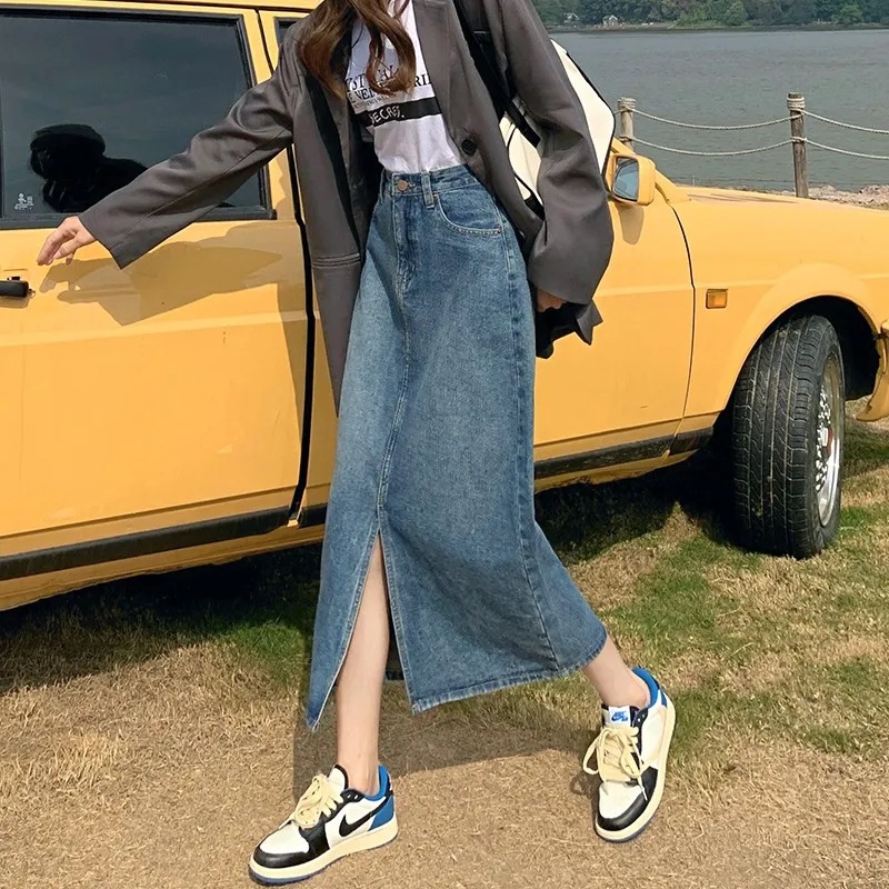 Retro high waist split design Denim skirt for women spring and summer new mid-length sheath a-Line hip skirt