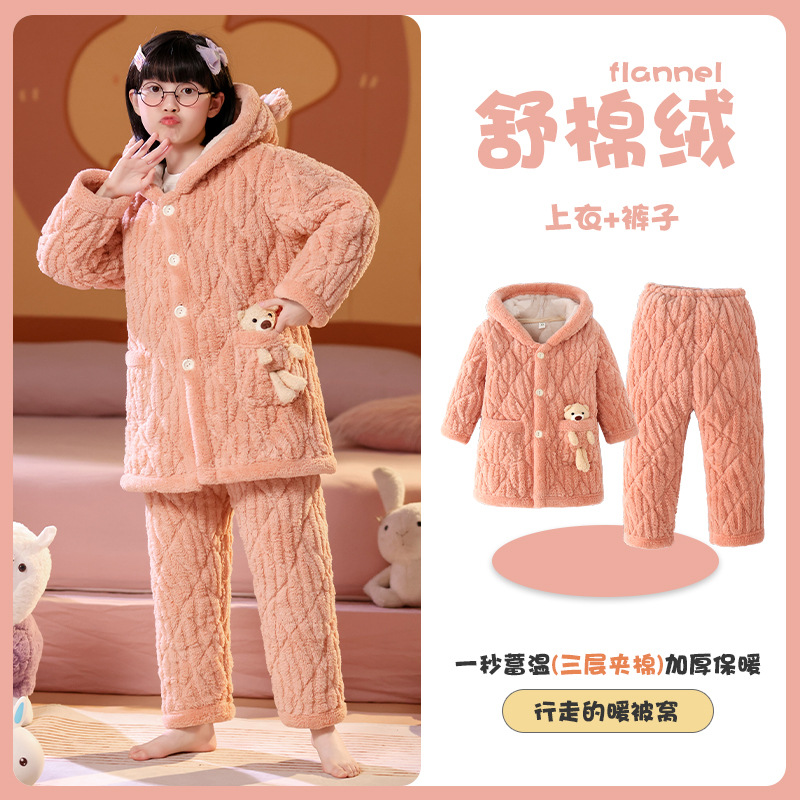 Picture of Children's Three-Layer Quilted Pajamas Winter Flannel fleece-lined Thickened Boys' Girls' Baby Warm Home Clothes suit