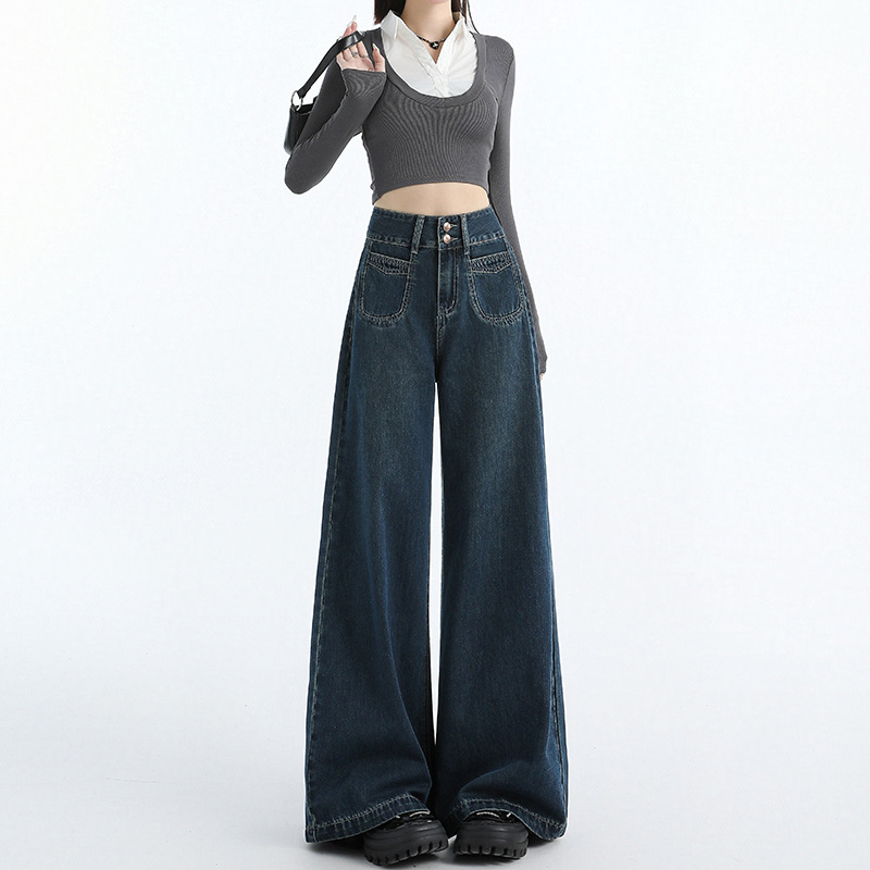 Autumn and Winter New American Retro Loose Wide-Leg Pants with Drapedy Floor-Length Versatile Straight Jeans for Women & Long Pants