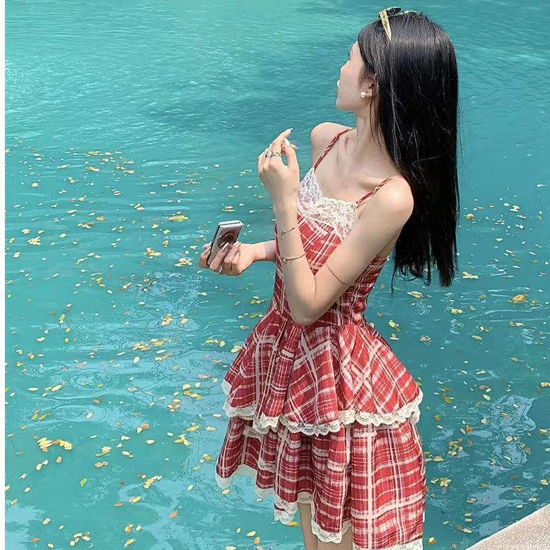 Picture of Vacation Style Amazing Beautiful Dress 2023 Summer New Lace Edge Plaid Slip Skirt High Waist White Cake Skirt