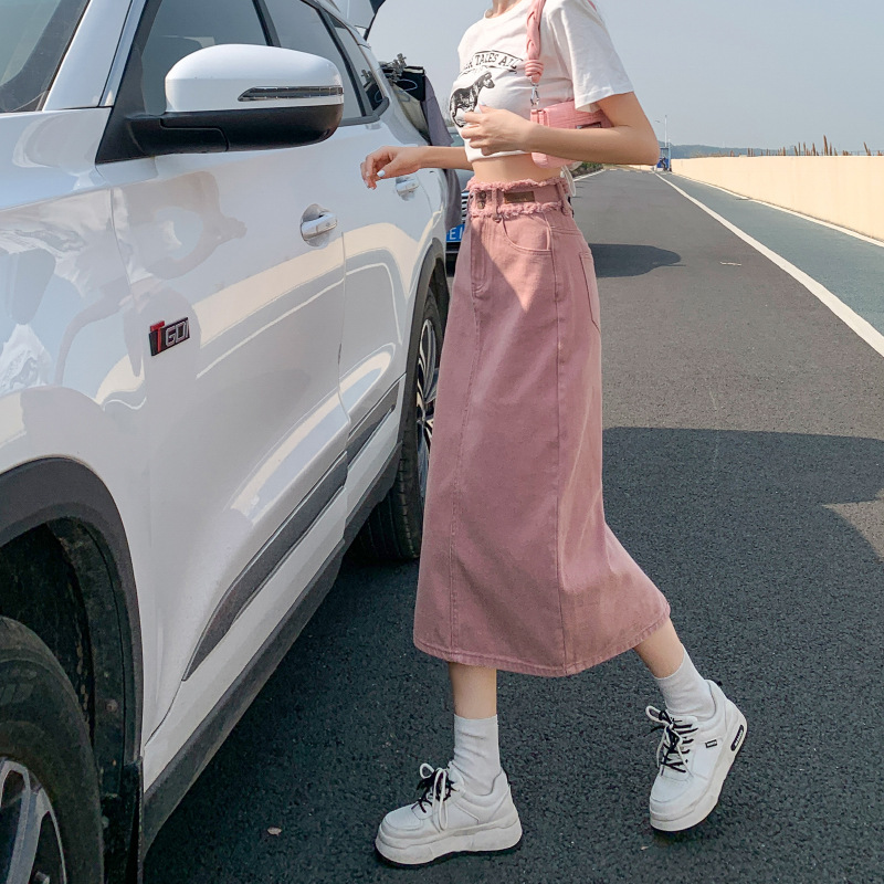 High Waist Denim Skirt Women's Spring and Summer New Dirty Pink Aa Mid-Length Slimming Hip Trendy Skirt