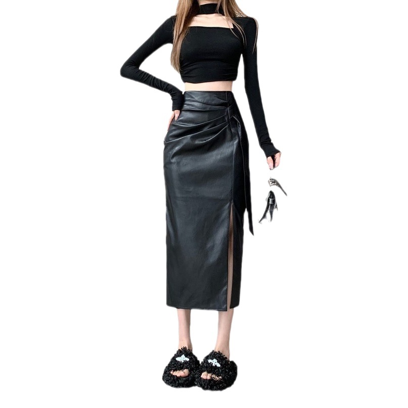 Design high waist twisted pleated leather skirt split skirt cross-border women's autumn new slim slimming dress