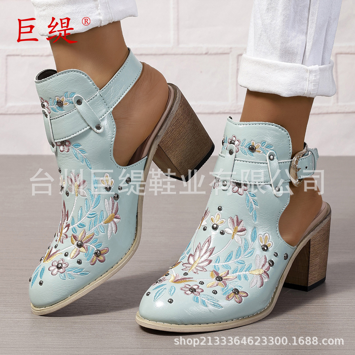 Juti in stock New European and American Embroidered Rivet plus size Thick Heel Women's Sandals Foreign Trade Women's Buckle High Heel Sandals for Women