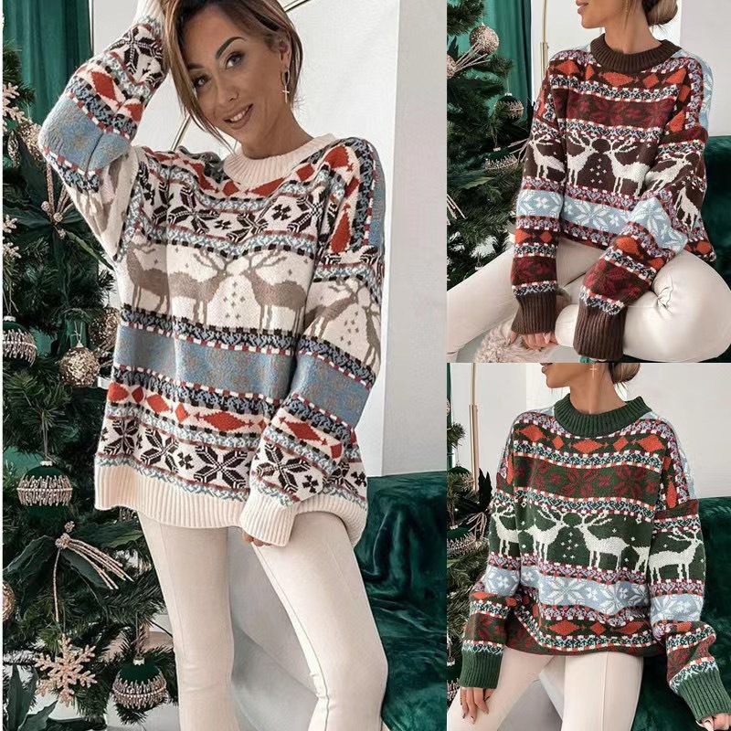 2024 Amazon Cross-border Retro Color-block Round Neck Loose Five-color Christmas Theme Jacquard Long-sleeved Knitted Top for Women