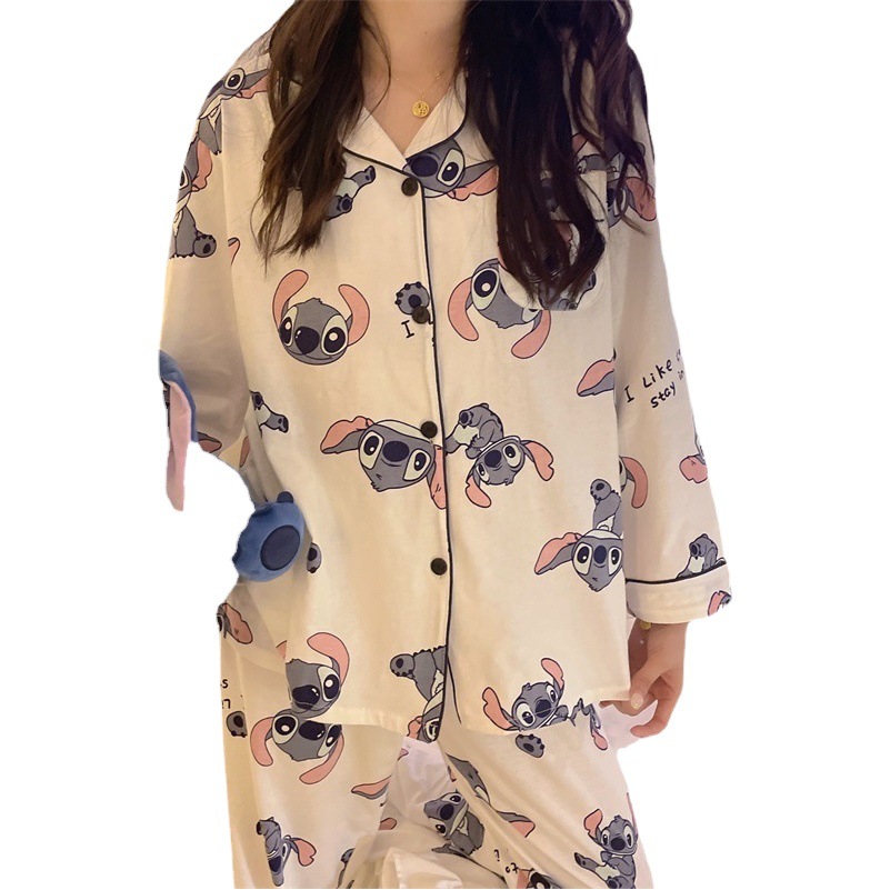New cartoon Stitch pajamas women's autumn and winter long sleeve Korean cute girl's heart two-piece set winter hair generation