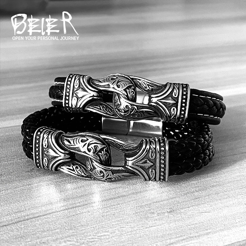 beier European and American Retro Titanium Steel Fashion Carved Leather Bracelet Retro Viking Pattern Men's Leather Bracelet Hand Jewelry