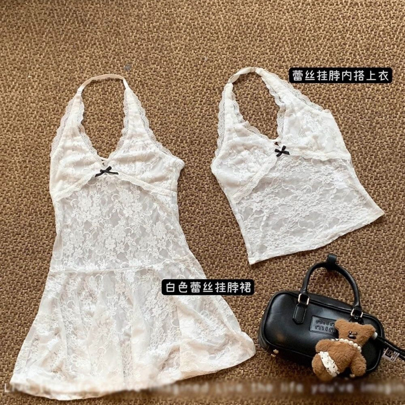 plus size Women's Autumn Bow Lace Slim-fit dress Short Halter Vest Top Stacked Two-piece Set