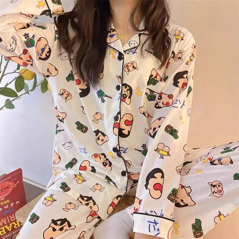 Japanese Sweet Cartoon Crayon Shin-Chan Same Style Spring and Autumn Long Sleeve Pajamas Women's New Full Print Cross-border Home Clothes