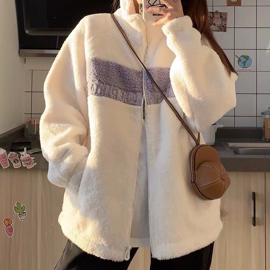 Korean style stitching lamb wool coat for female students trendy autumn and winter New fleece-lined versatile loose half turtleneck top