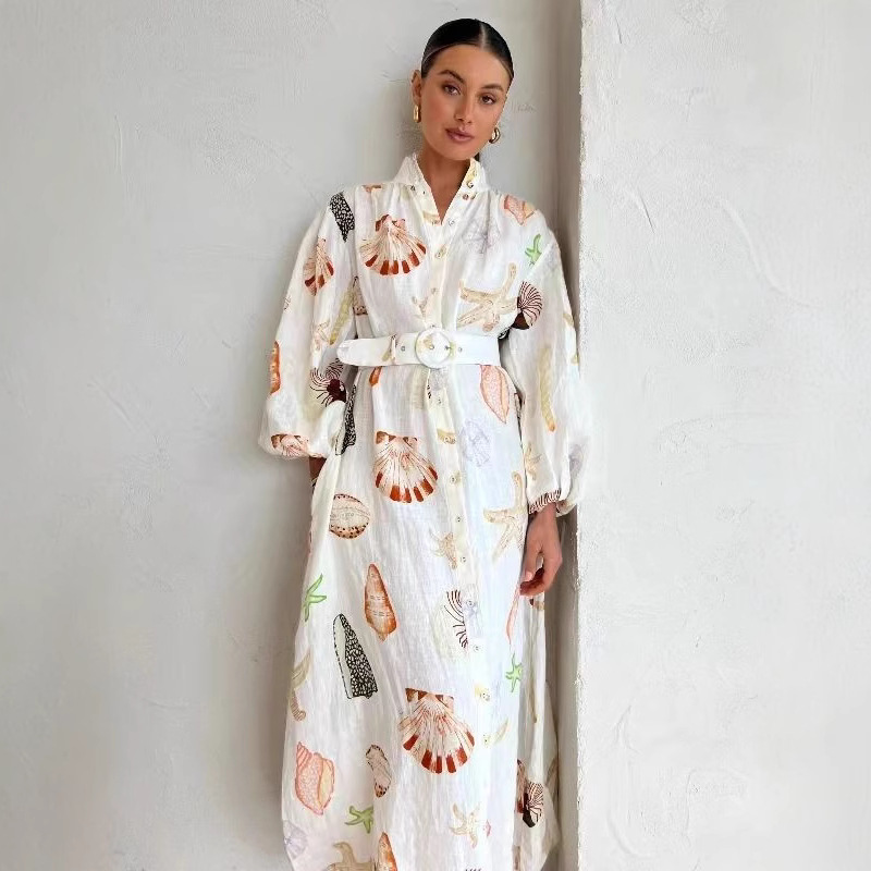Europe and the United States cross-border 2023 independent station AliExpress long casual lantern sleeve cardigan casual fashion printed dress