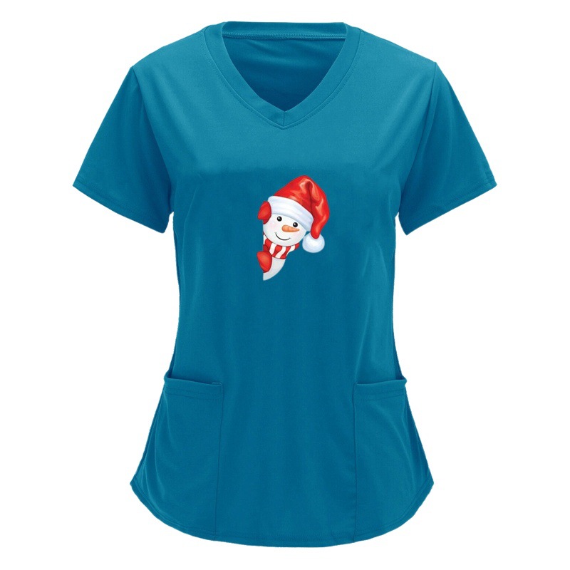 Amazon Cross-border 2023 European and American Nurse Christmas Cute Snowman Printed V-Neck Pocket Short Sleeve Mid-length T-shirt
