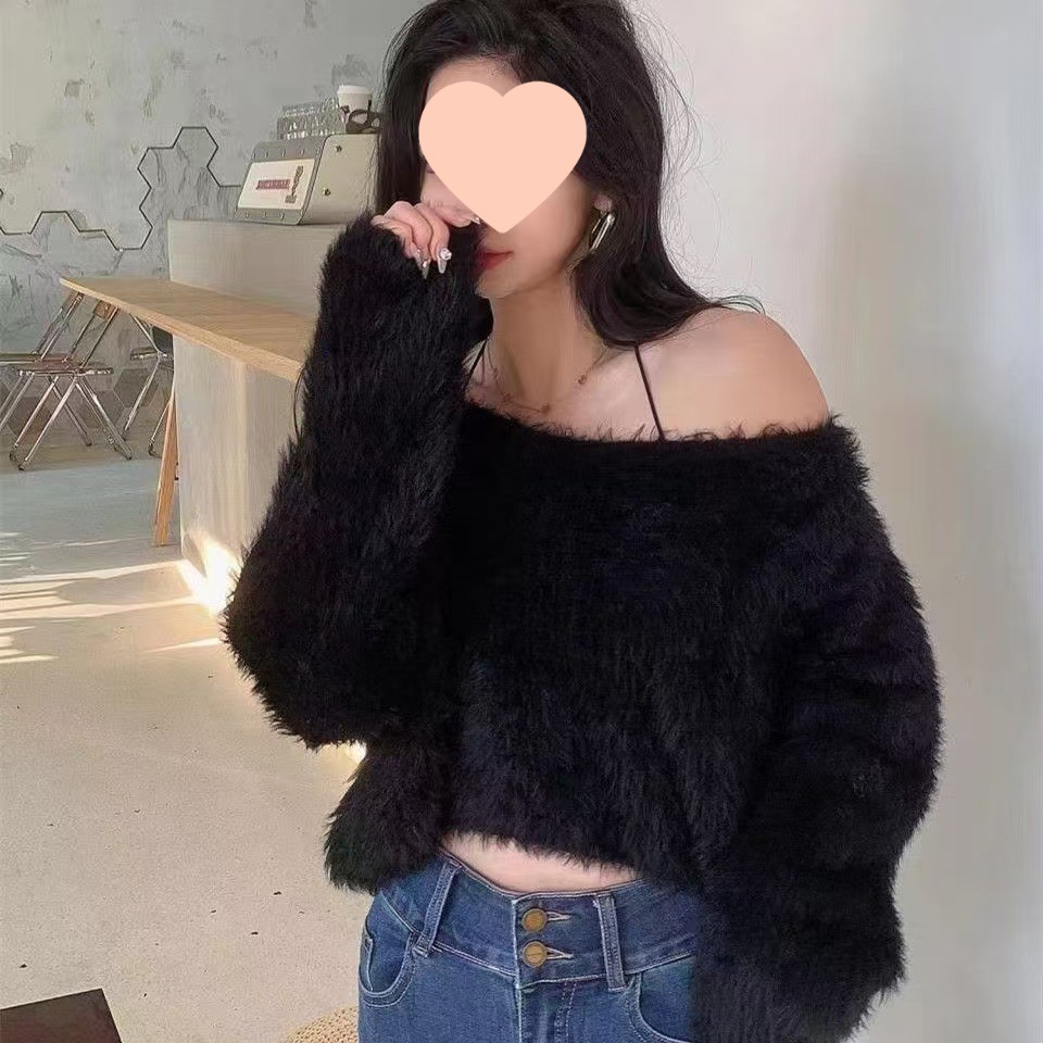 Picture of Lazy Style Soft Waxy Mink Velvet Short Knitwear for Women Autumn and Winter New Loose Off-Shoulder Inner Knitwear Long-Sleeved Top