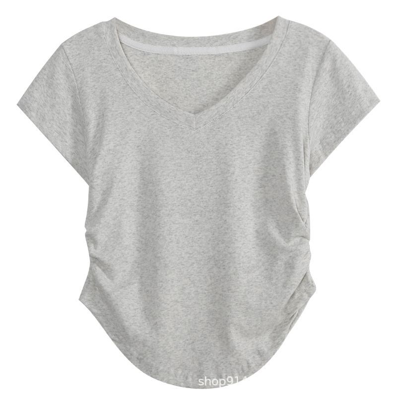 Picture of New Summer Irregular V-neck Shoulder Short-sleeved T-shirt Design Pleated Tight Waist Short High Waist Top Pure Hot Girl
