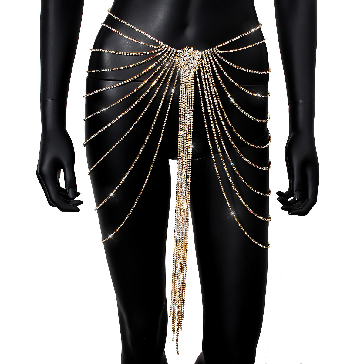 Picture of Distinctive Exaggerated Shiny Full Diamond Body Chain Women's European and American Fashion Banquet Show Sexy Rhinestone Tassel Waist Chain Skirt