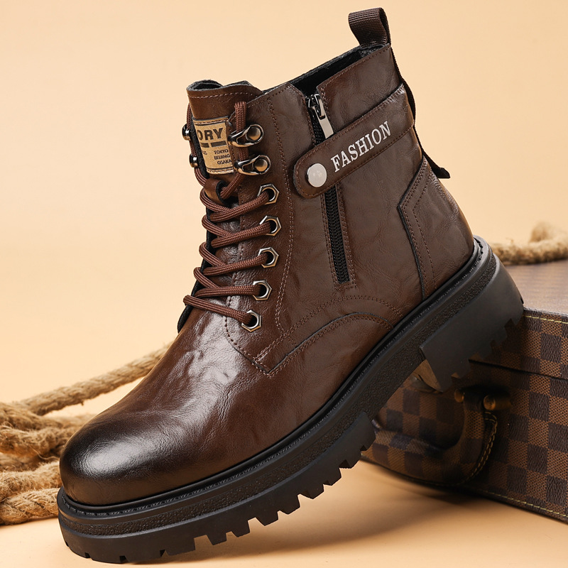 2024 new high-top thick-soled men's boots British wind trend Martin boots men's warm fleece-lined work boots a generation of hair