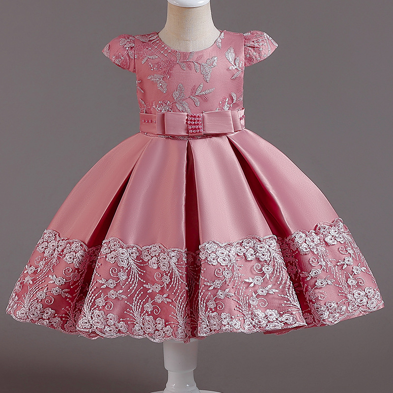 Foreign trade new girls' satin dress lace princess dress embroidered bow dress flower girl piano costume