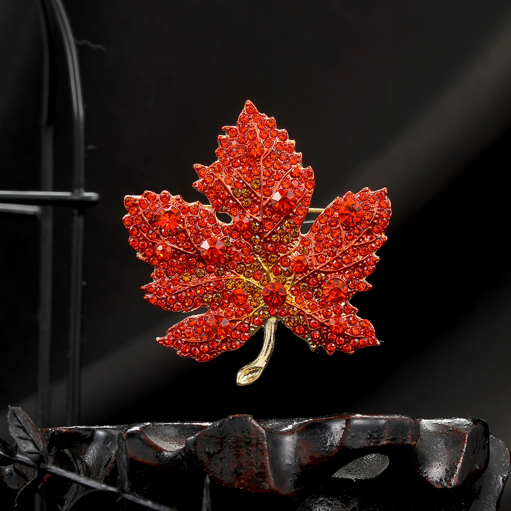 Picture of Cross-border European and American diamond-encrusted gradient red maple leaf brooch vintage design exquisite fashion coat suit pin