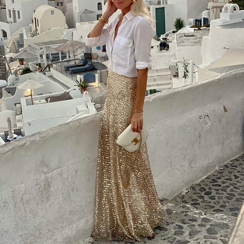 2025 Spring and Autumn Cross-Border European and American Amazon Independent Station Direct Sales Women's Sequined Long Skirt Sequined Skirt