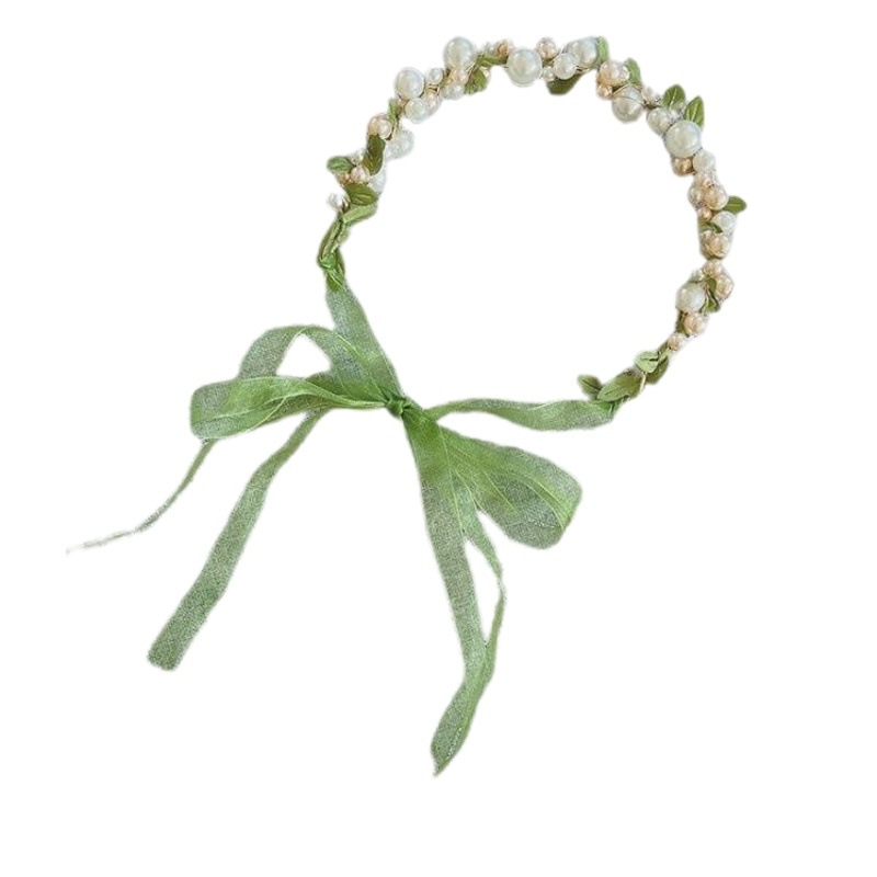 Girls' Temperament Mori Green Leaves Pearl Roof Hair Band Snow Gauze Band Hair Ornaments Fresh Green Hair Band Headband