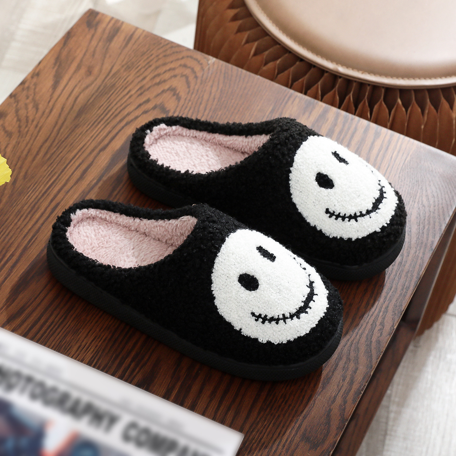 Halloween Christmas Night Smiley Embroidered Cotton Slippers for Men and Women Autumn and Winter Comfortable Wool Slippers Cross-border Hair