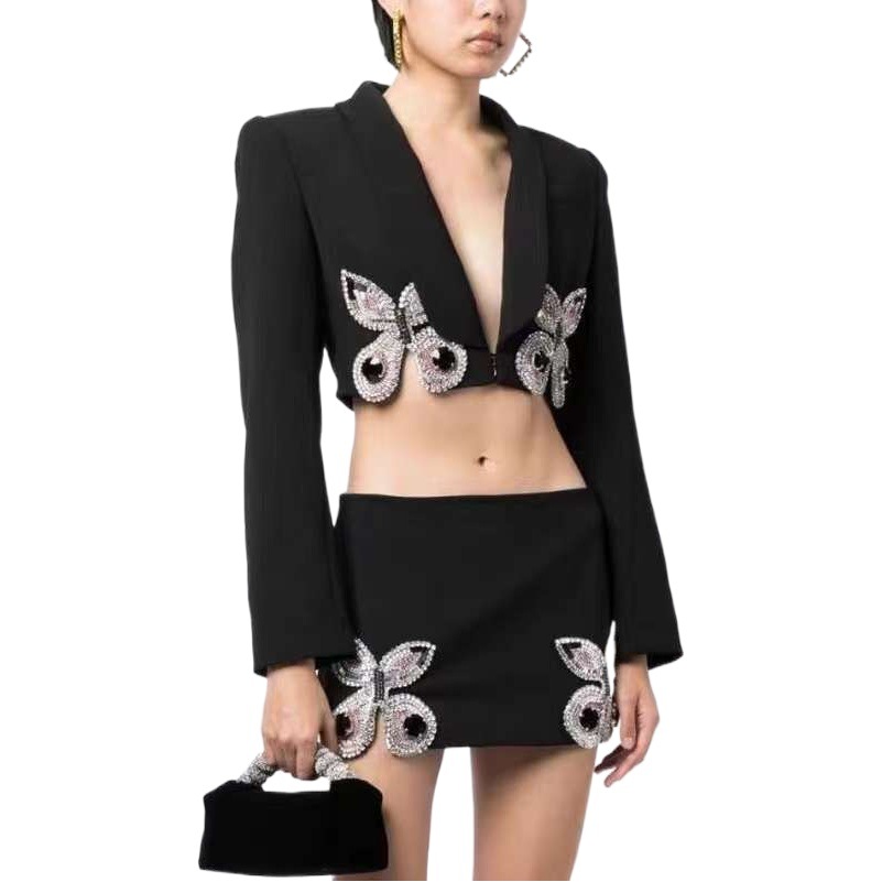 Amazon Cross-border Fashion suit Long Sleeve Hot Colored Diamond Notch Butterfly Suit Top and Short Hip Skirt Two-piece Set