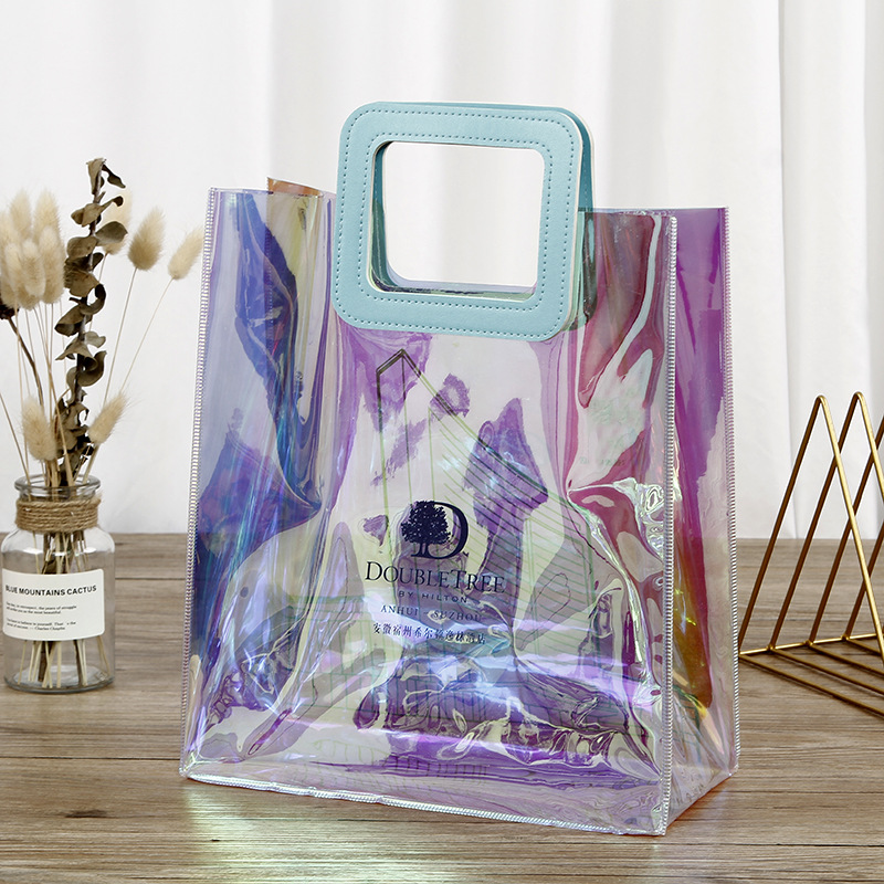 Laser Transparent Pvc Bag Hotel Gift Shopping Tote Bag Custom-Made Iridescent Laser Plastic Handbag Customization
