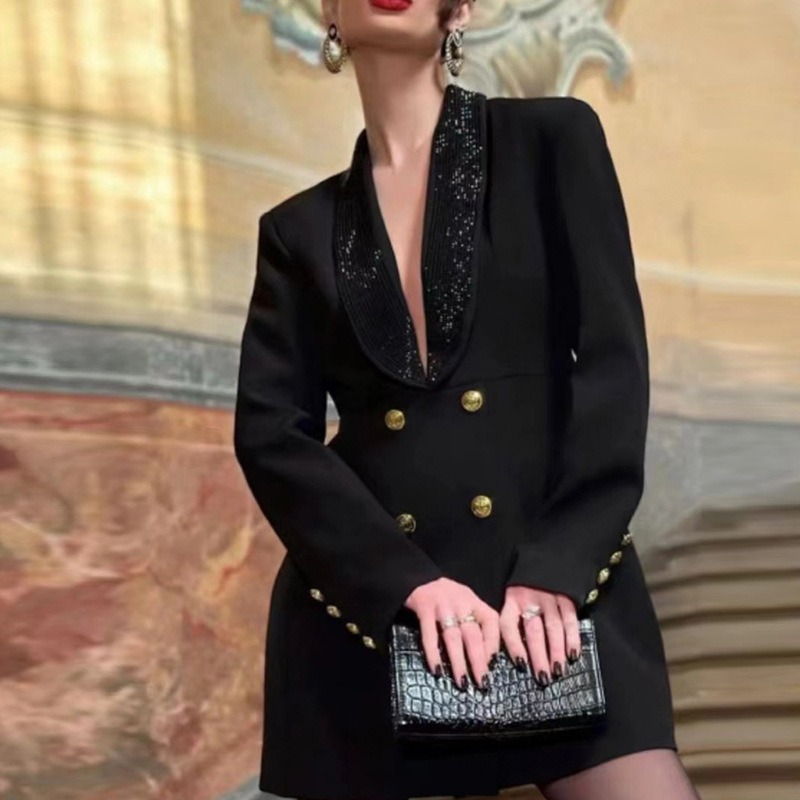 High-End Suit Dress 2025 New European and American Socialite Style Party Deep V-Neck Halter Backless Rhinestone Slim-Fit Jacket