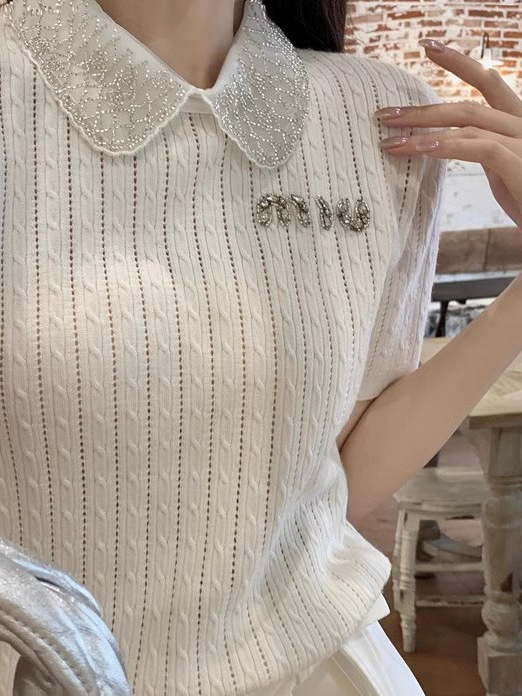 Picture of Korean Style Sweet Lace Doll Collar Turtleneck Sweater All-match Short-sleeved Niche Western Style Top Women's Short Summer New Style