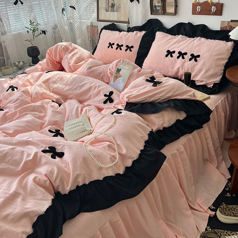 Princess Style Bow Bed Four-piece Washed Cotton Quilt Cover Female College Dormitory Three-piece Girl Heart Wholesale