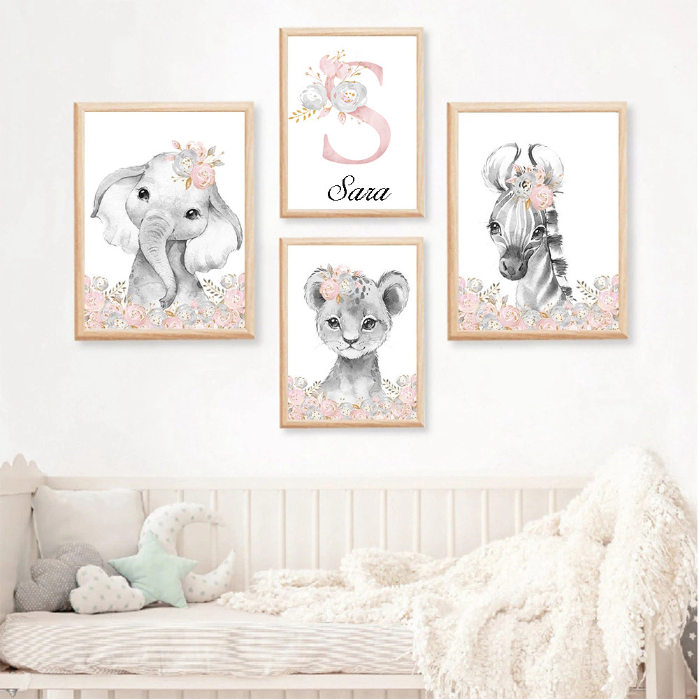 Picture of Cartoon animal Children Baby English letters Custom Baby Name bedroom canvas hanging painting decorative painting core