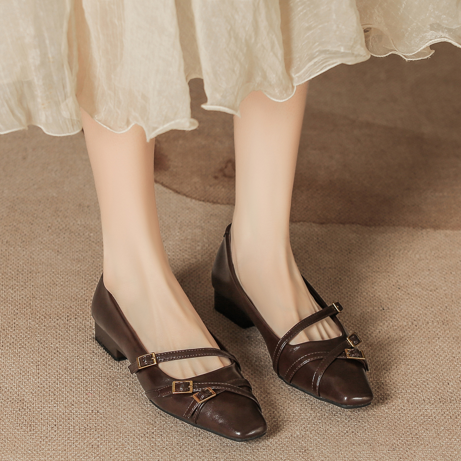 Retro Square Toe Thick Heel Mary Jane Shoes for Women Autumn New Style One-Line Low Heel Women's Shoes Soft Sole Non-Tiring Shoes