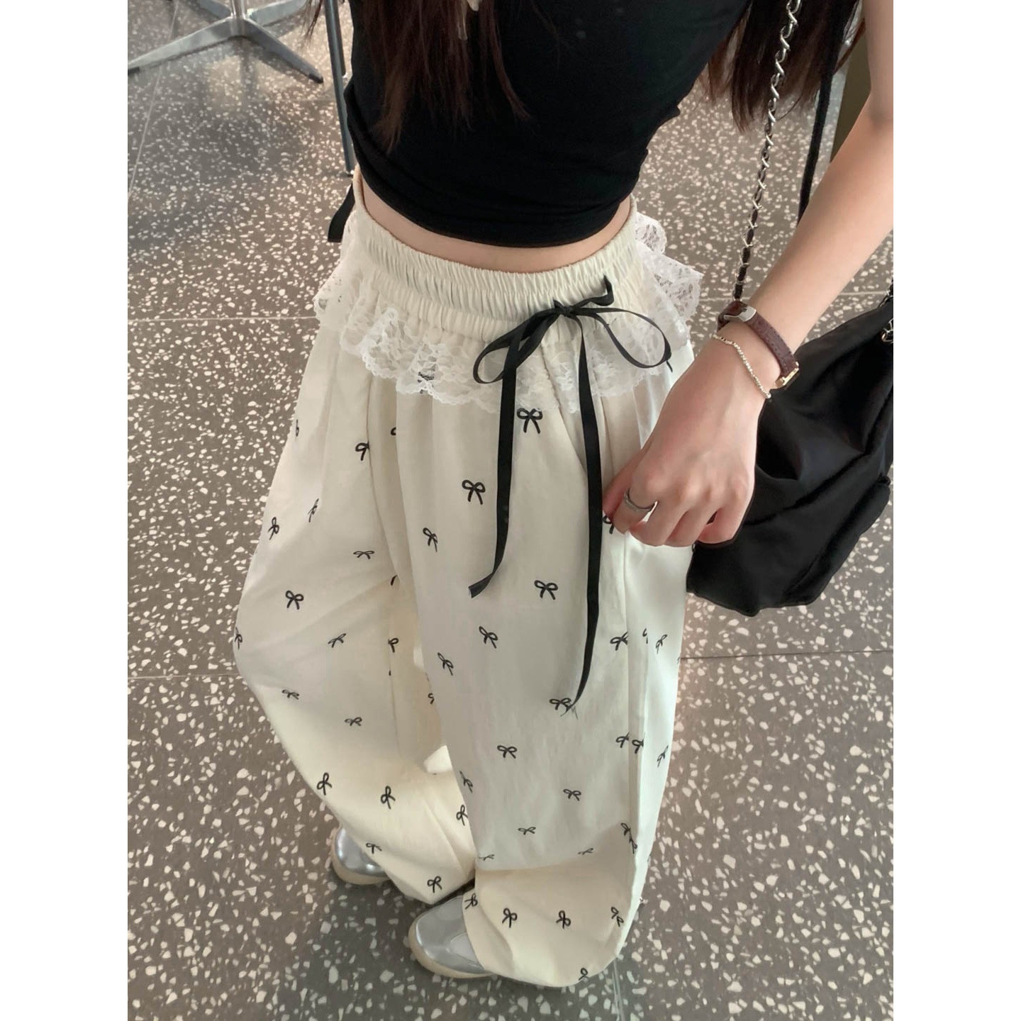 Sweet Spice Girl Lace Stitching Casual Pants Bow Pants Women's Loose Slim-fit Loose Waist Wide Leg Pants Straight Leg Pants