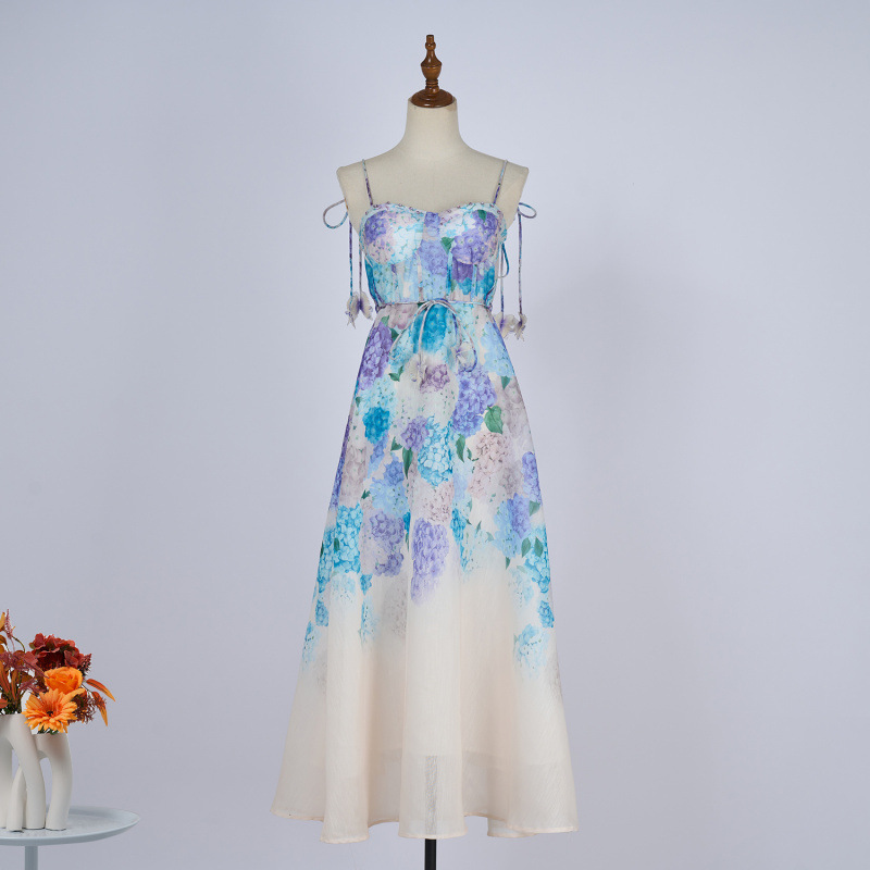 Cross-Border Ready-Made Summer New Style Floral Print Suspender Fishbone Waist Fairy Dress Travel Vacation Skirt for Women