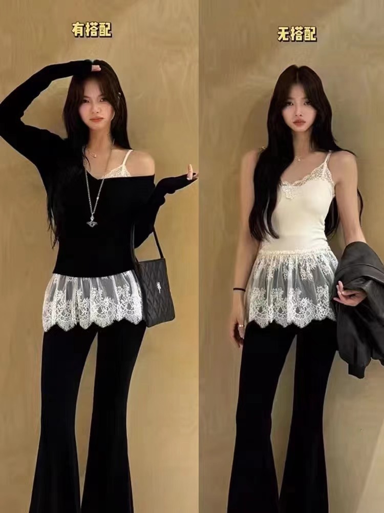 1085# V-Neck Elegant Lace Skirt Beautiful Camisole Autumn and Winter Fart Curtain Stitching Mesh Sleeveless Top