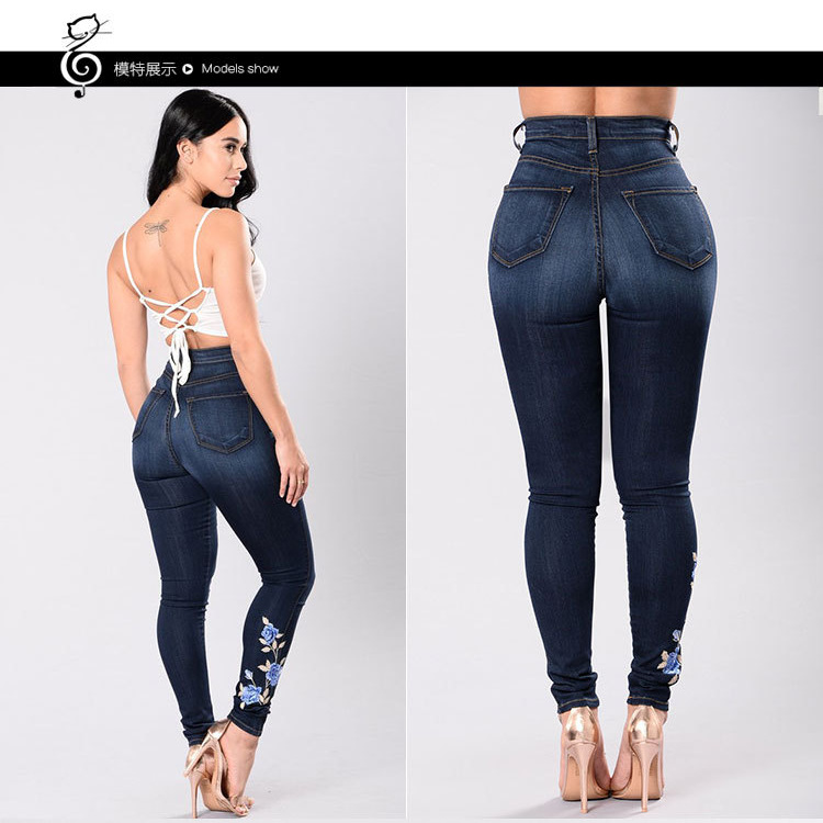 Picture of Ebay Amazon Hot Internet Red Jeans European and American Embroidered Stretch Pencil Pants Export Low Waist Pants for Women