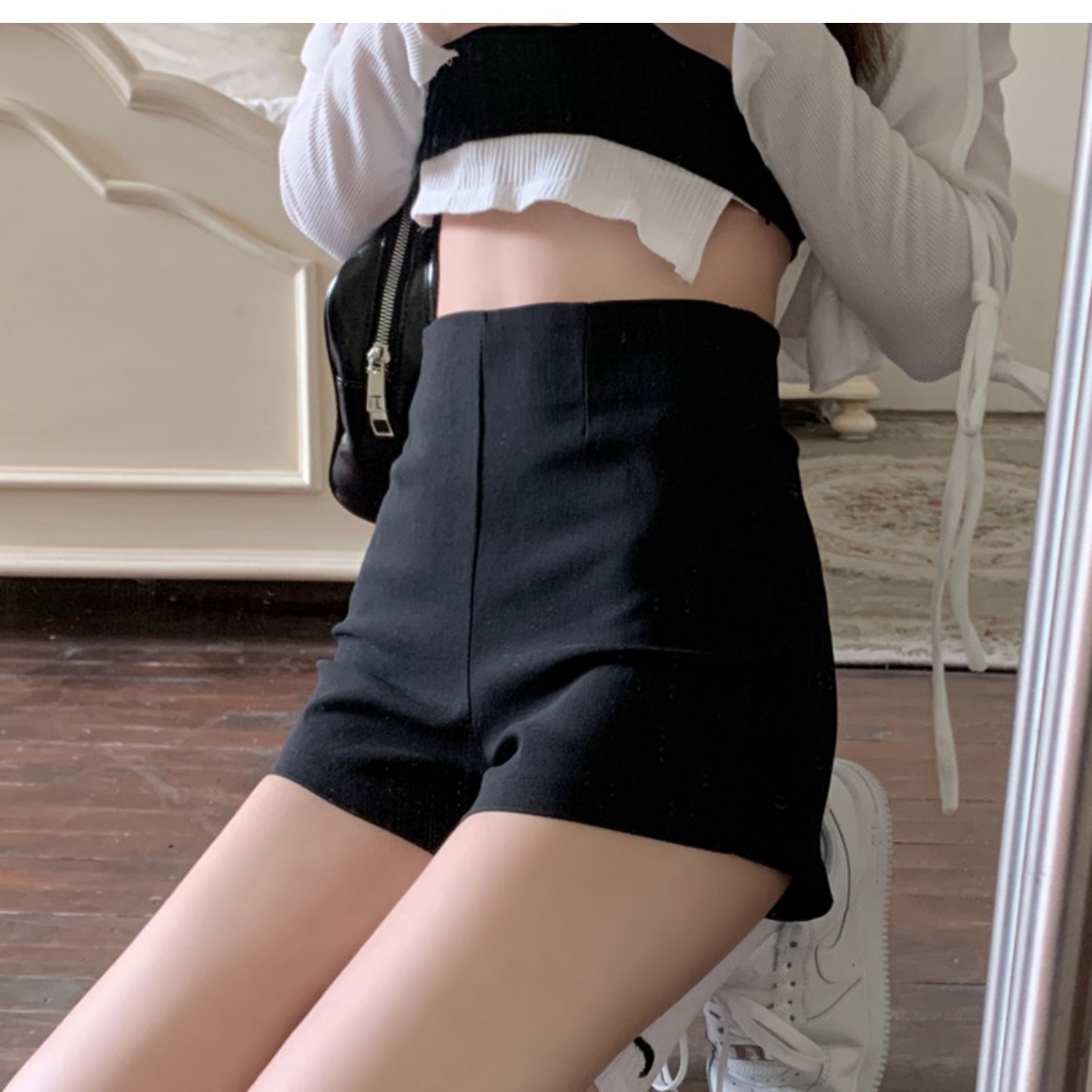 2023 Black High Waist Shorts Women's Thin Anti-glare Small plus size Slimming Casual Wide Leg Shorts Women