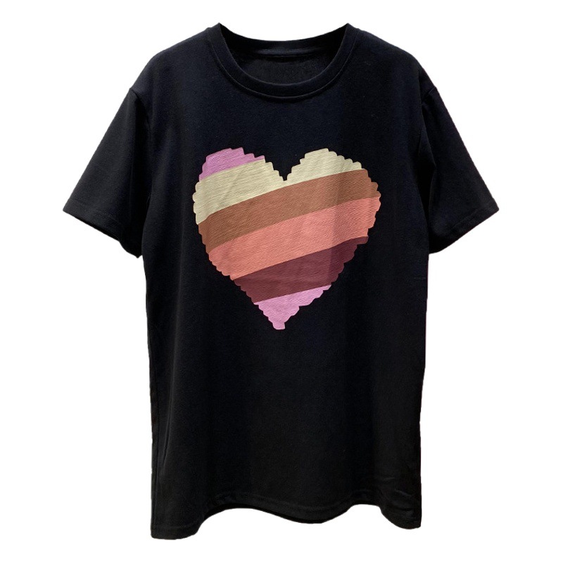 Cotton Bag Collar Colorful Love Printed Short-sleeved T-shirt Women's Summer New Korean-style Loose Casual All-match Top Clothes