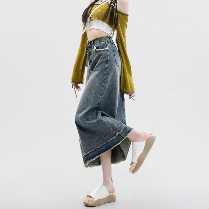 Summer wear burr design feeling a word hip skirt ins retro fashion new niche high waist denim skirt for children