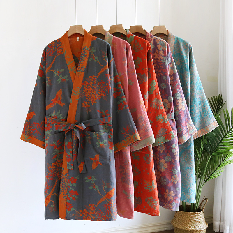 A variety of women's Japanese-style vintage bathrobe yarn-dyed jacquard cotton nightgown kimono bathrobe home robe sweat dress spring and autumn