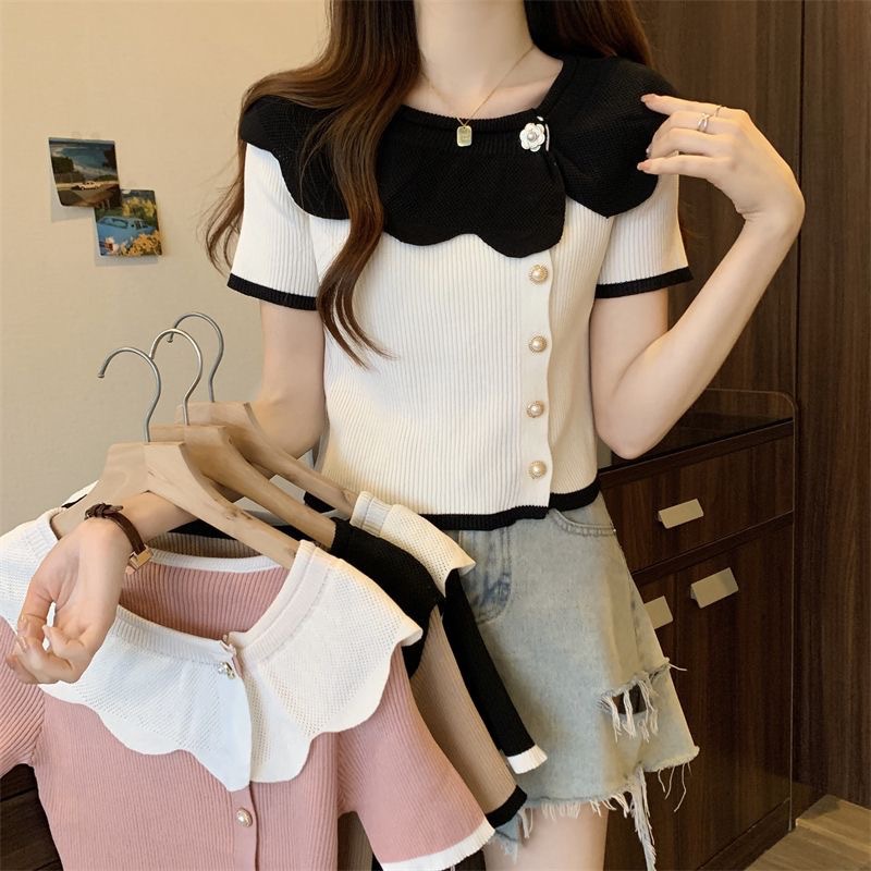 Contrast color lace collar gentle short-sleeved sweater for women Summer new thin slim slimming short top for women