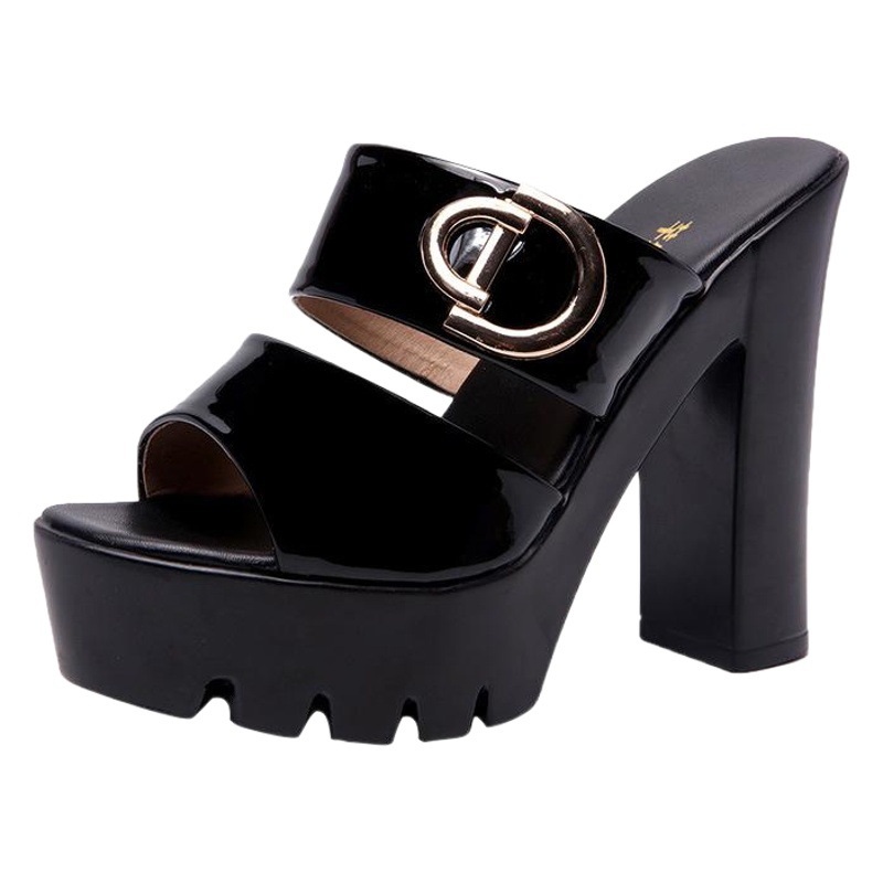 Patent leather waterproof platform high heel chunky heel fitting room slippers women's summer platform platform outer wear plus size peep toe sandals women
