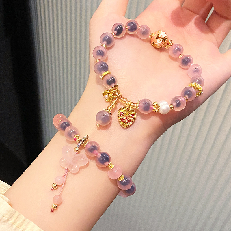 New Chinese Fairy Style Sweet Fresh Pink Sugar Heart Agate Bracelet Women's Light Luxury Design Pink Crystal Butterfly Bracelet