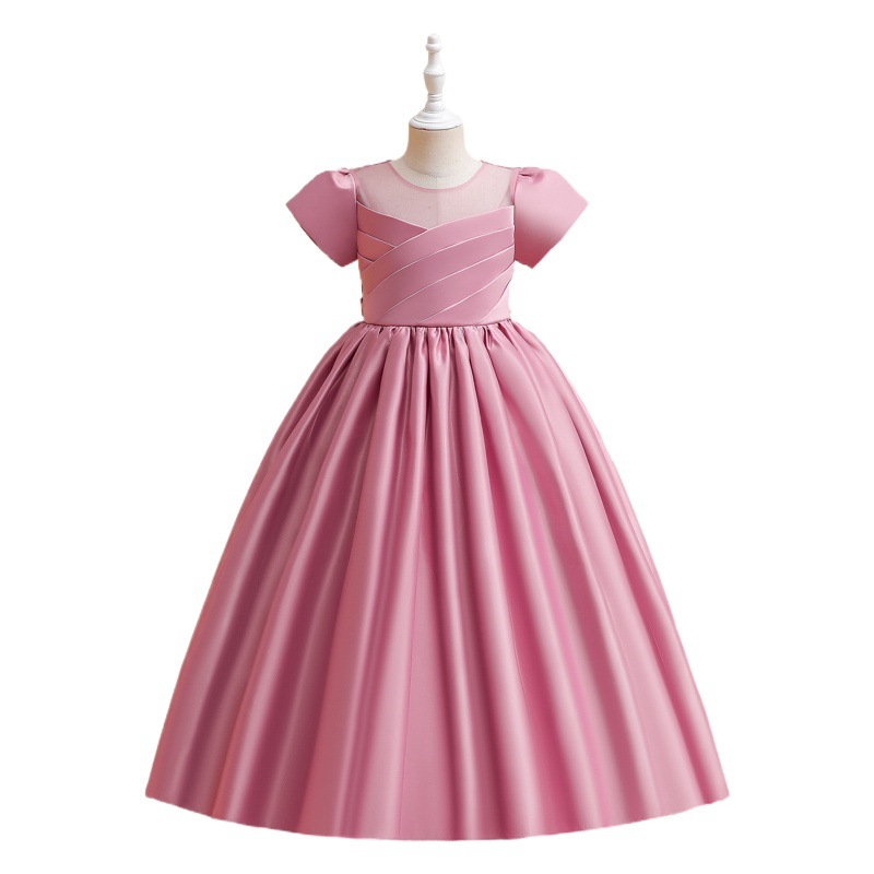 Europe and the United States children's dress girls princess dress satin short sleeve long dress big children's foreign trade children's clothing cross-border supply