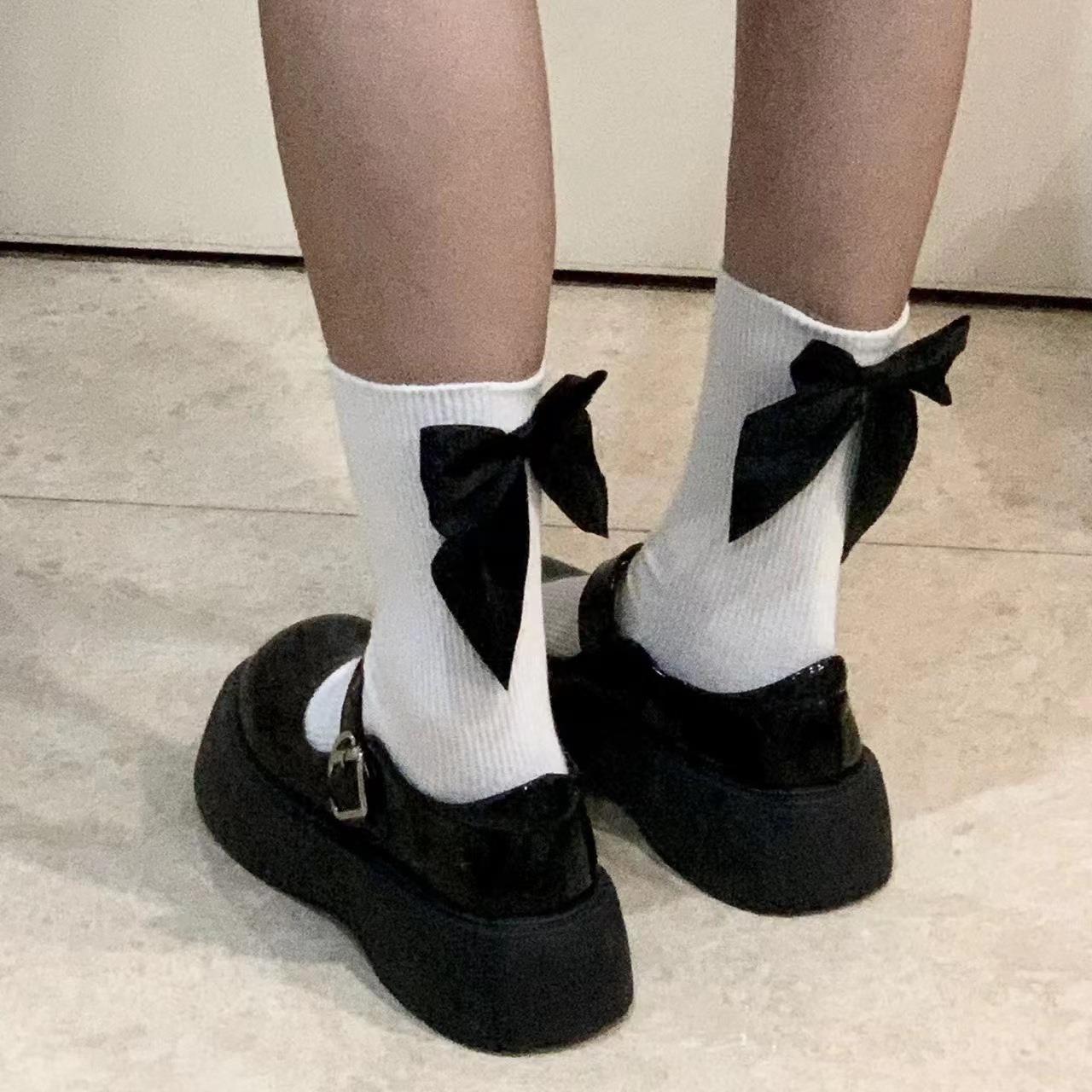 Lolita Black Bow Socks for Women, Spring and Summer Sweet Jk Mid-Calf Socks Paired with Small Leather Shoes, Princess Socks, Korean Fashion