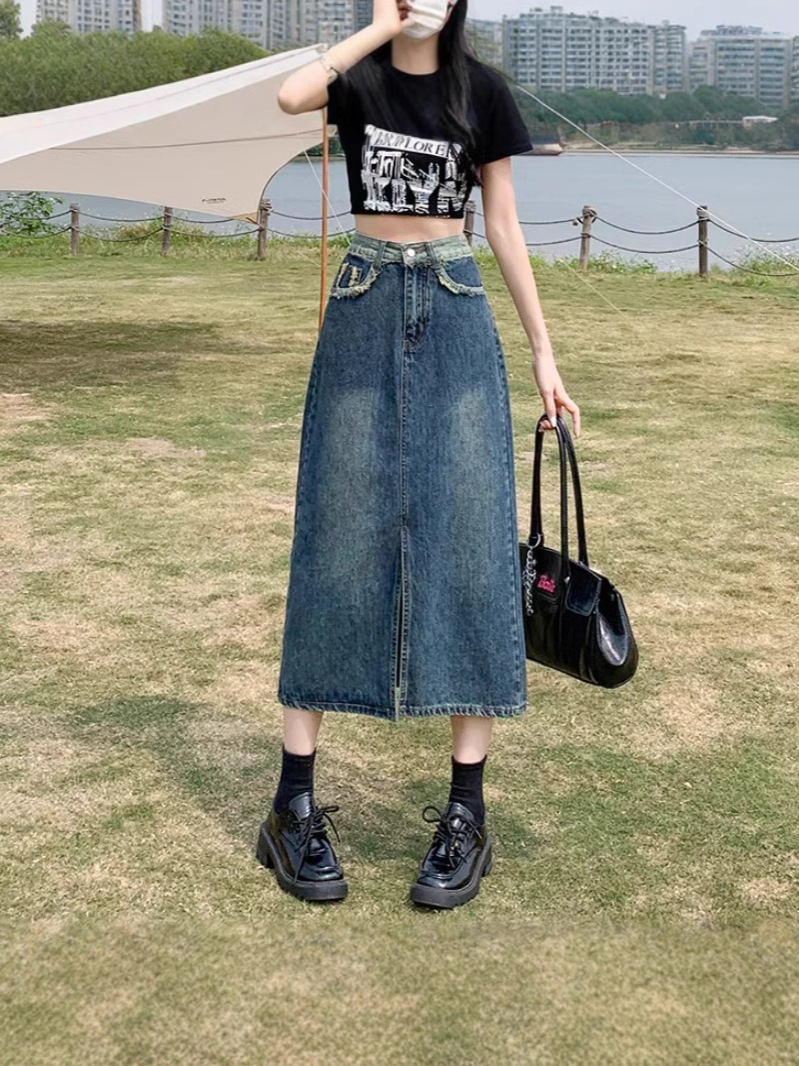 Stitching Contrast Color Fur Edge Split Denim Skirt Women's Autumn and Winter New High Waist Loose Slimming Straight Skirt