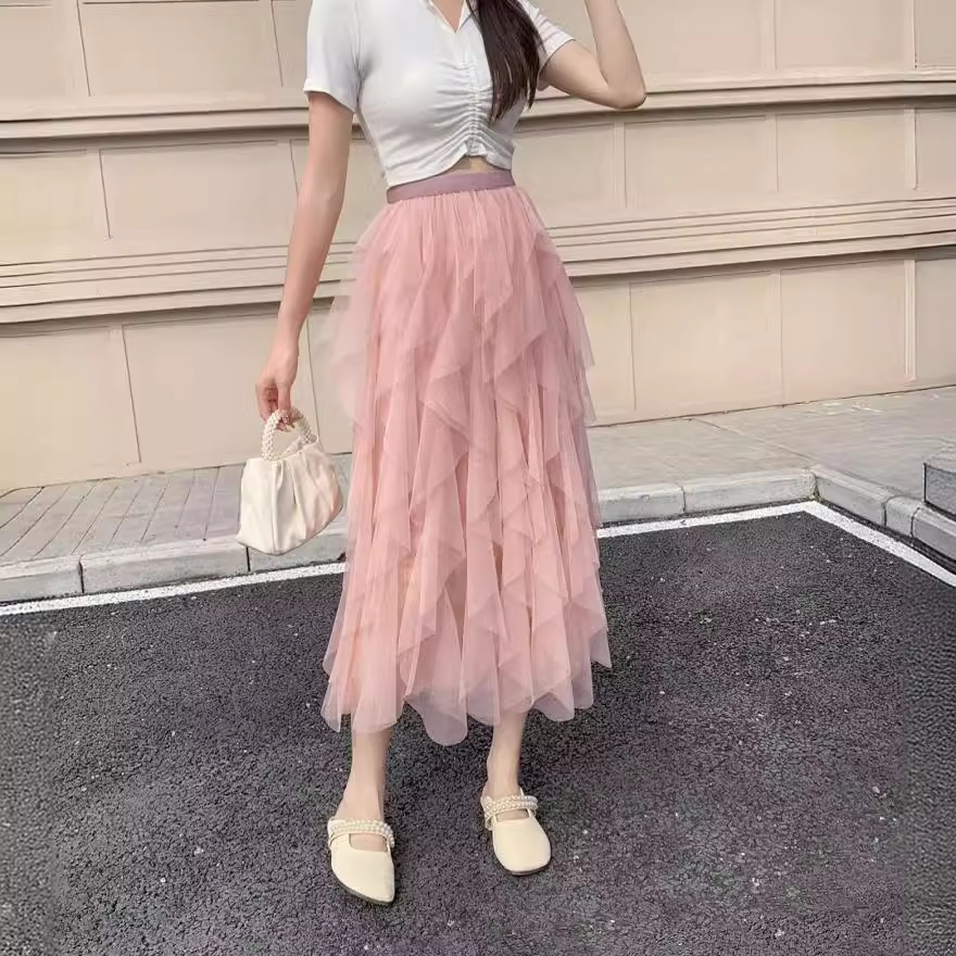 Gauze Skirt Women's High Waist A-line Asymmetrical Mid-length Pleated Sand Skirt Tassel Long Skirt 2024 New Half Skirt
