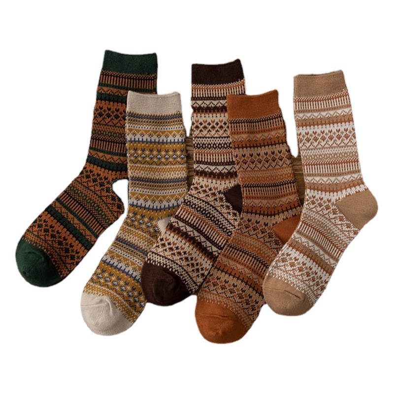 Socks women's mid-calf socks women's socks double needle double-way combed cotton socks curve ethnic style socks retro student fashion socks stockings