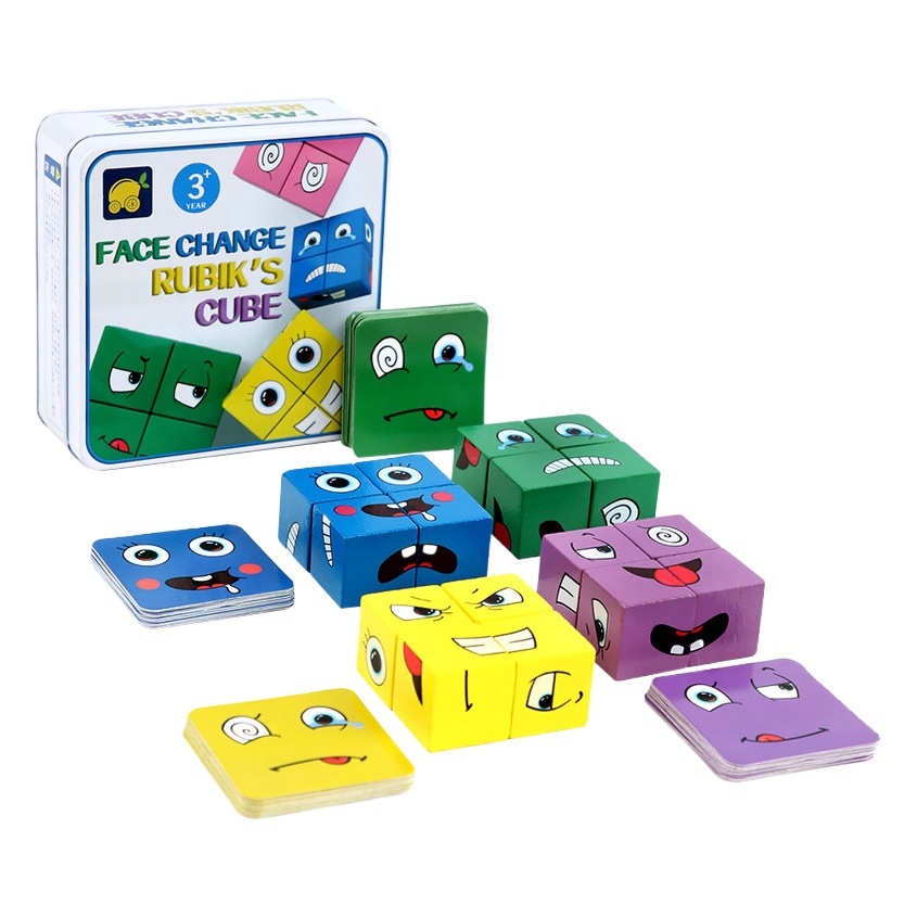 Cross-border Amazon 3D wooden building blocks face-changing Rubik's Cube expression children's parent-child board game battle challenge level toys