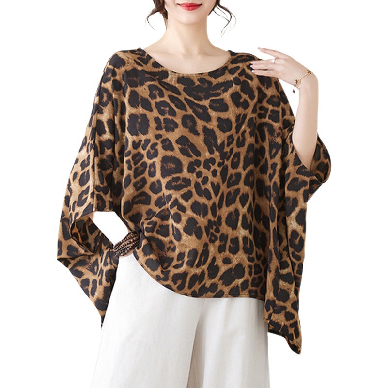 2023 Summer New Retro Artistic Large Size Loose Bat Sleeve Fashionable Leopard Flower Shirt