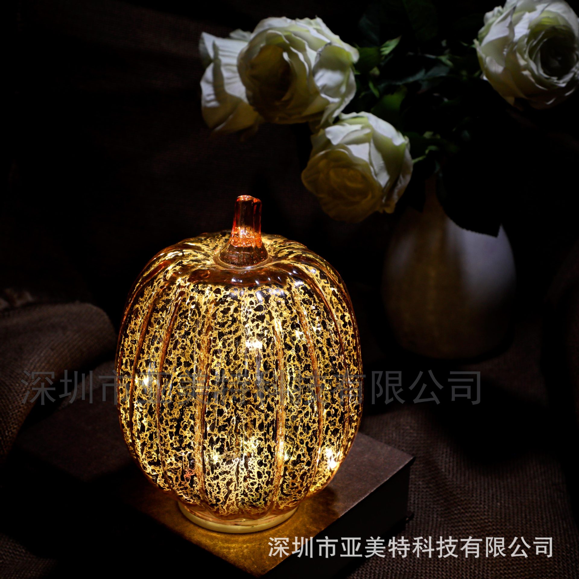 Night Light Halloween Decoration Supplies Glass Pumpkin Lantern Western Halloween Glass Luminous Pumpkin Lantern Rose Gold